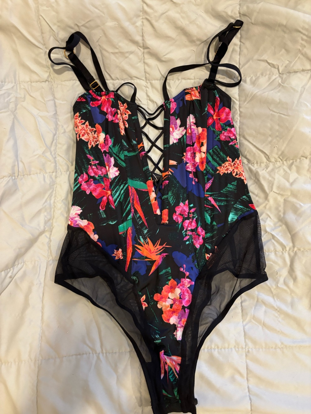 Victoria's Secret Very Sexy Tropical Floral Lace-Up Corset Bodysuit Teddy